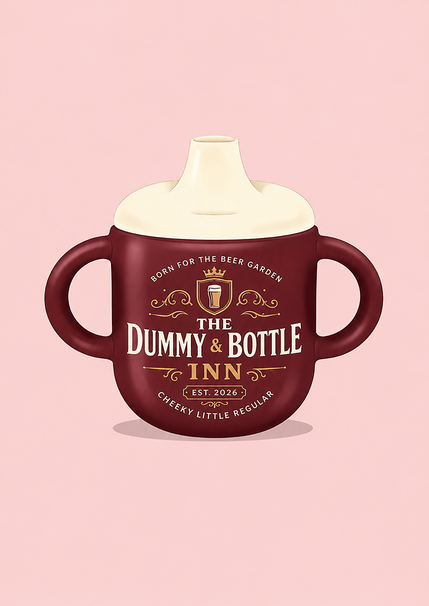 Illustration of a maroon baby bottle featuring The Dummy and Bottle Inn pub logo in a vintage style